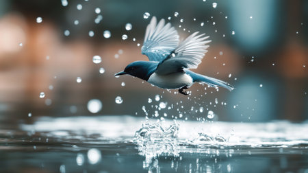 Close-up of a bird flying just above water, with reflection and water droplets visibleの素材