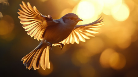 Close-up of a bird in flight, with detailed feathers and motion blur against a sunset backdropの素材