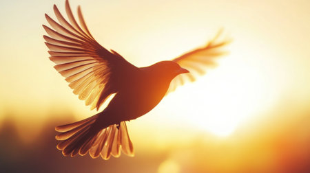 Close-up of a bird in flight, with detailed feathers and motion blur against a sunset backdropの素材