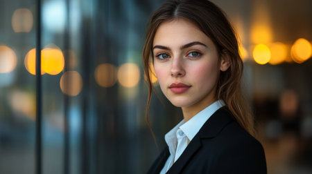 Close-up of a businesswoman with a determined expression, dressed in formal business wear and standing against a modern office backgroundの素材