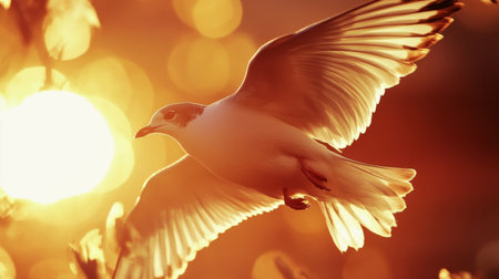 Close-up of a bird in flight, with detailed feathers and motion blur against a sunset backdropの素材
