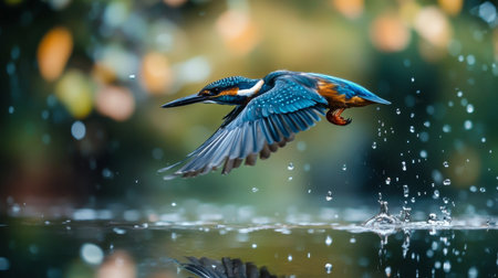 Close-up of a bird flying just above water, with reflection and water droplets visibleの素材