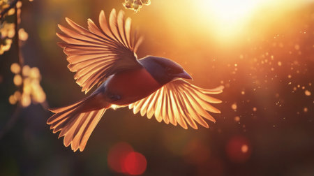 Close-up of a bird in flight, with detailed feathers and motion blur against a sunset backdropの素材