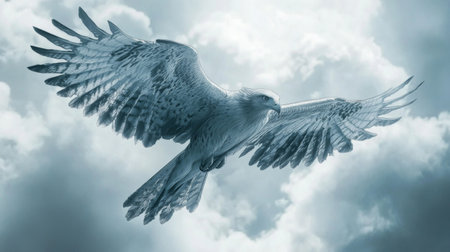 Close-up of a bird in mid-air, with detailed wing patterns and a backdrop of cloudsの素材