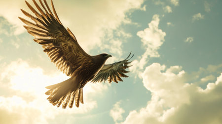 Close-up of a bird in mid-air, with detailed wing patterns and a backdrop of cloudsの素材