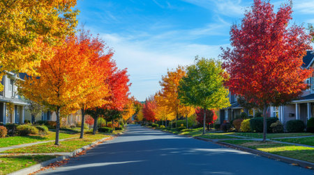 Close-up of a charming, tree-lined street with colorful fall foliage and a clear blue skyの素材