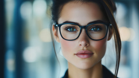 Close-up of a businesswoman with a friendly demeanor, wearing glasses and a business suit, with a soft-focus office backdropの素材