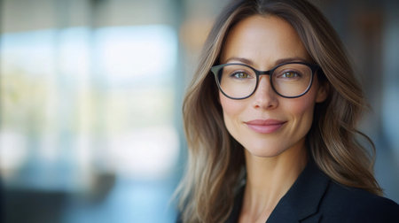 Close-up of a businesswoman with a friendly demeanor, wearing glasses and a business suit, with a soft-focus office backdropの素材