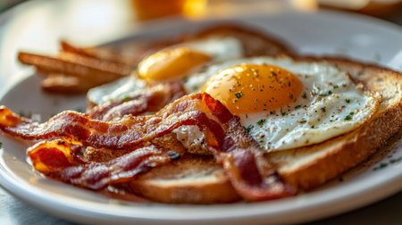 Close-up of a classic American breakfast plate with eggs, bacon, and toastの素材