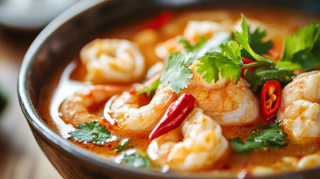 Close-up of a bowl of Tom Yum Goong with a rich, aromatic broth, garnished with fresh herbs and red chili peppersの素材