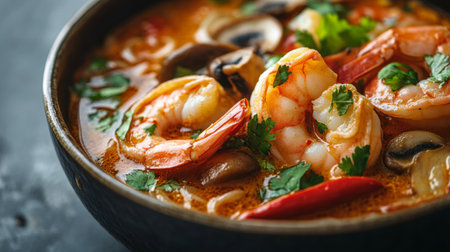 Close-up of a bowl of Tom Yum Goong with vibrant shrimp and mushrooms, with a focus on the rich, spicy brothの素材