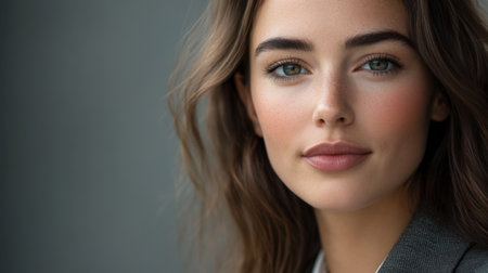 Close-up of a businesswoman with a professional yet approachable expression, wearing a smart blazer and with a clean, clear faceの素材