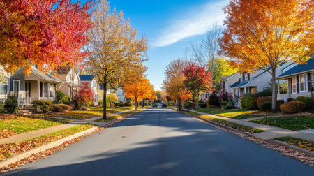 Close-up of a charming, tree-lined street with colorful fall foliage and a clear blue skyの素材