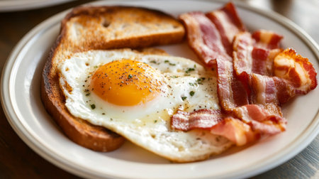 Close-up of a classic American breakfast plate with eggs, bacon, and toastの素材
