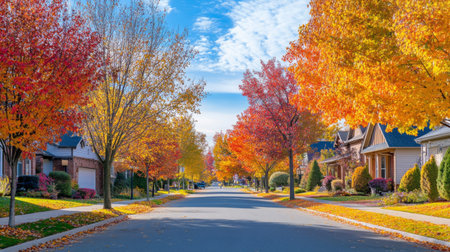 Close-up of a charming, tree-lined street with colorful fall foliage and a clear blue skyの素材