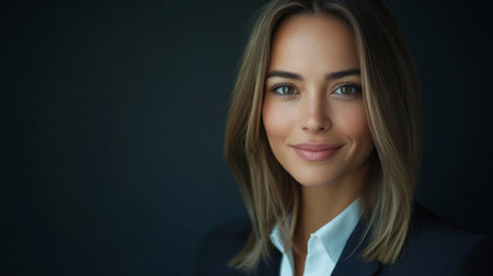 Close-up of a confident businesswoman with sharp features, wearing a professional suit and smiling at the cameraの素材