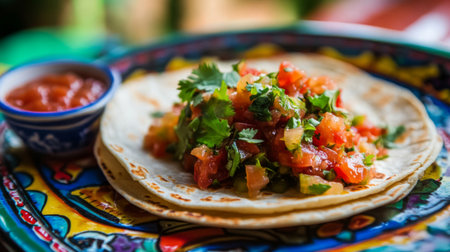 Close-up of a corn tortilla with fresh toppings, set on a vibrant plate with a side of salsaの素材
