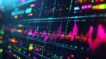 Close-up of a digital oscilloscope screen displaying vibrant electrical waveforms and signal patternsの素材