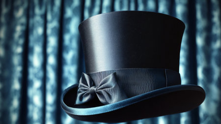Close-up of a elegant top hat with a silk ribbon, set against a classic theater curtain with a dramatic effectの素材