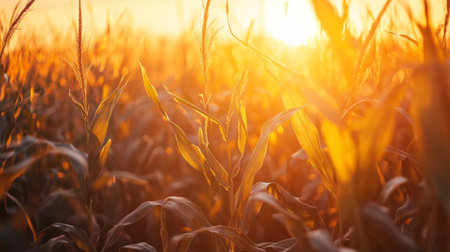 Close-up of a cornfield at sunset, with the sun casting a golden glow over the tall stalks and ripe earsの素材