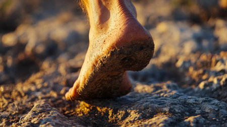 Close-up of a foot stepping on the ground, emphasizing the arch and bone structureの素材