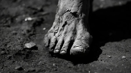 Close-up of a foot stepping on the ground, emphasizing the arch and bone structureの素材