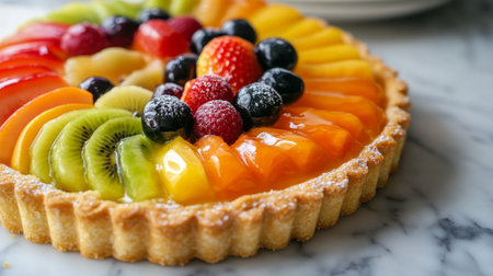 Close-up of a fresh fruit tart with a glossy glaze, topped with an assortment of colorful fruits and set on a marble countertopの素材