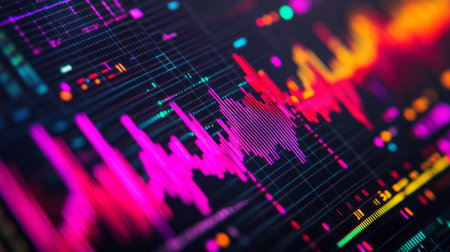 Close-up of a digital oscilloscope screen displaying vibrant electrical waveforms and signal patternsの素材