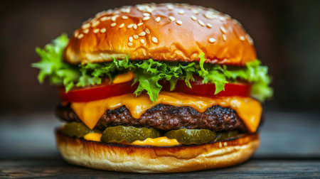 Close-up of a juicy cheeseburger with lettuce, tomato, and pickles on a wooden tableの素材