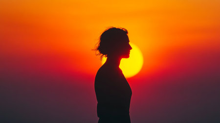 Close-up of a dramatic silhouette of a person standing against a setting sun, with warm orange and pink hues in the skyの素材