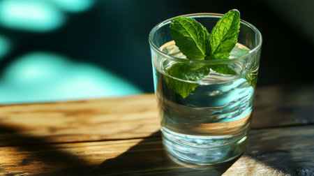 Close-up of a glass of still water with a mint leaf floating on topの素材