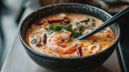 Close-up of a hot bowl of Tom Yum Goong with shrimp, mushrooms, and aromatic herbs, placed on a stylish table with chopsticksの素材