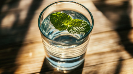 Close-up of a glass of still water with a mint leaf floating on topの素材
