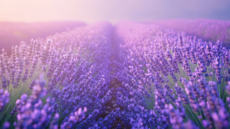 Close-up of a field of lavender in full bloom, with rows of purple flowers and a soft, hazy backgroundの素材