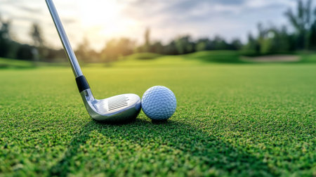 Close-up of a golf club resting on the green next to a neatly placed golf ball, with a well-maintained course in the backgroundの素材