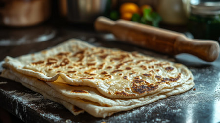Close-up of a freshly baked roti with a perfectly crispy outer layer, placed on a kitchen countertop with a rolling pinの素材