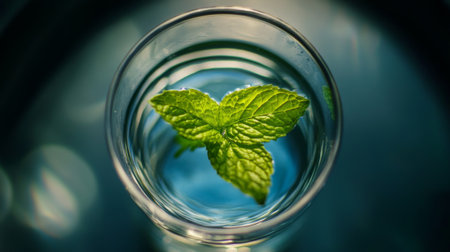 Close-up of a glass of still water with a mint leaf floating on topの素材