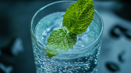 Close-up of a glass of still water with a mint leaf floating on topの素材