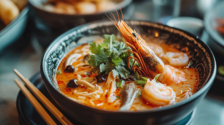 Close-up of a hot bowl of Tom Yum Goong with shrimp, mushrooms, and aromatic herbs, placed on a stylish table with chopsticksの素材