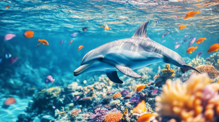 A dolphin swimming gracefully underwater, surrounded by a school of colorful fish in a crystal-clear ocean.の素材