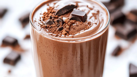 A close-up of a chocolate protein smoothie, highlighting the smooth, rich texture with a drizzle of chocolate sauce and a sprinkle of cocoa powder.の素材
