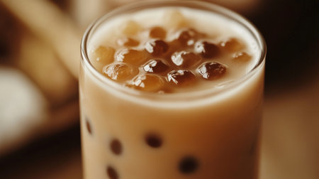 A close-up of a glass of classic bubble tea, showing the creamy milk tea with glossy tapioca pearls clustered at the bottom.の素材