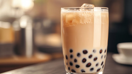 A close-up of a glass of classic bubble tea, showing the creamy milk tea with glossy tapioca pearls clustered at the bottom.の素材
