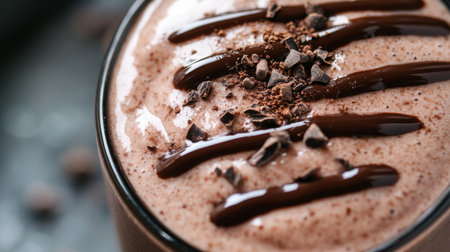 A close-up of a chocolate protein smoothie, highlighting the smooth, rich texture with a drizzle of chocolate sauce and a sprinkle of cocoa powder.の素材