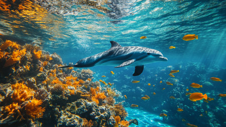 A dolphin swimming gracefully underwater, surrounded by a school of colorful fish in a crystal-clear ocean.の素材
