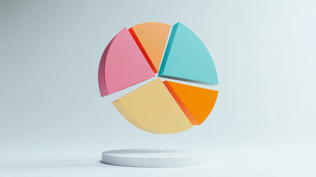 3D pie chart with vibrant segments floating in mid-air, set against a white minimalist backgroundの素材