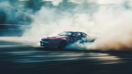 A car drifting on a race track, leaving a thick trail of smoke behind as it speeds around a corner.の素材