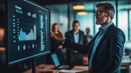 A business analyst presenting a financial graph on a digital whiteboard to a group of executives in a well-lit office.の素材