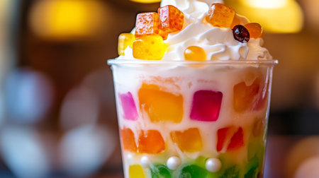 A close-up of a fruity bubble tea, highlighting the colorful jelly cubes and pearls with a layer of whipped cream on top.の素材