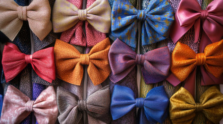 A series of colorful bows arranged neatly in a row, each made from different fabrics, creating a visually appealing display.の素材